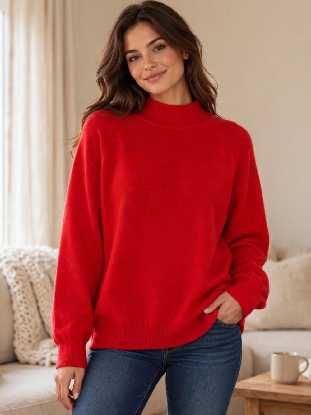 Tina Scotland 100% Pure Cashmere Sweater | Red Mock Neck Relaxed Knit | XL